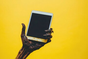 Poster - A person holds their cell phone in front of a bright yellow background, great for showcasing tech or social media concepts