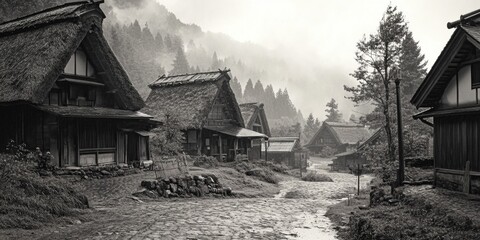 Poster - A black and white photograph of a serene rural village landscape