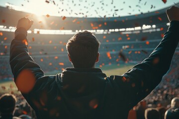 Poster - A fan celebrating during a baseball game, hands raised in excitement
