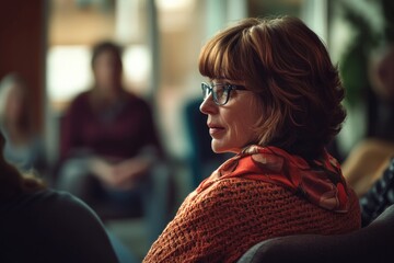 Poster - A woman wearing glasses sits comfortably in a chair, ideal for office or study scenes