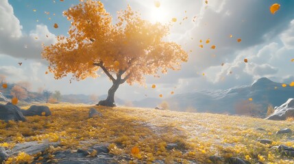 Canvas Print - A solitary tree with golden leaves stands tall on a hill, with a breathtaking view of mountains in the distance. Sunlight filters through the leaves, creating a magical autumn scene.