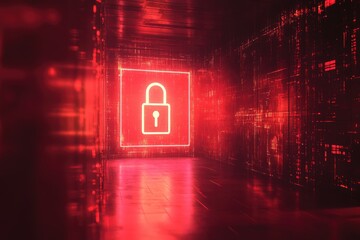 Aufkleber - A bright red neon sign featuring a padlock icon, often used for warning or prohibition signs