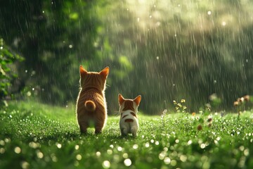 Aufkleber - Two cats standing on a vibrant green field, possibly in a meadow or garden