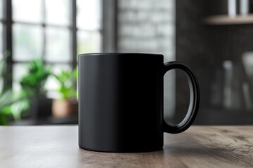Aufkleber - A simple setting featuring a black coffee mug placed on a wooden table