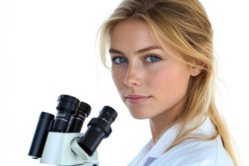 Poster - A scientist examining samples with a microscope