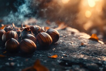 Aufkleber - A collection of nuts resting on a rocky surface, ideal for use in nature or outdoor scenes