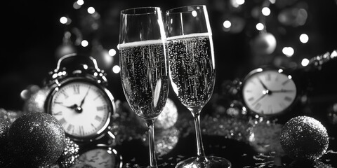 Wall Mural - Two glasses of champagne sitting next to a clock, perfect for celebrations or romantic evening