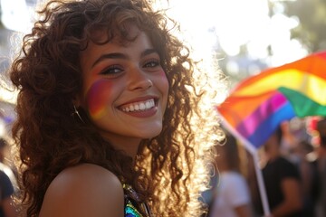 Poster - A colorful portrait of a woman with a vibrant rainbow painted on her face, perfect for creative and playful projects