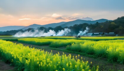 Wall Mural - Serene Chinese Watercolor Depiction of Idyllic Rural Landscape