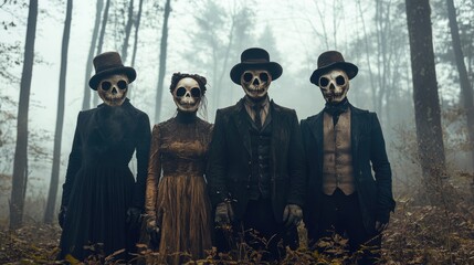 Aufkleber - Group of friends or family members dressed up as characters, posing in a forest environment
