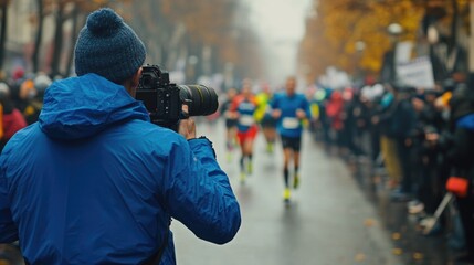 Canvas Print - A person capturing the moment at a marathon event