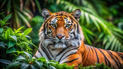 Canvas Print - Majestic tiger resting in lush green foliage, showcasing its striking orange and black fur patterns