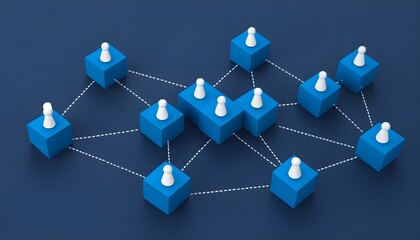 Wall Mural - Conceptual representation of social network connections with blue wooden blocks symbolizing digital interactions