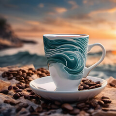 Coffee cup with coffee beans nearby on brauty beach at sunset.