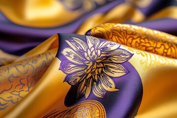Aufkleber - A hyper-realistic close-up of a piece of Thai silk, showing every intricate thread, pattern, and texture of the gold and purple fabric as it shimmers under natural light.