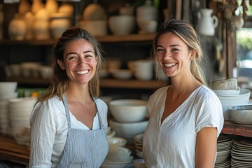 Successful businesswomen smiling at each other in their ceramic store, Generative AI