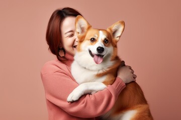 Poster - Thai middle age woman hugging pembroke welsh corgi pet portrait mammal.