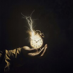 hand holding a clock emitting sparks against a dark background in a surreal and artistic composition