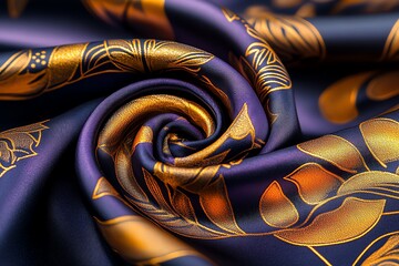 Aufkleber - A hyper-realistic close-up of a piece of Thai silk, showing every intricate thread, pattern, and texture of the gold and purple fabric as it shimmers under natural light.