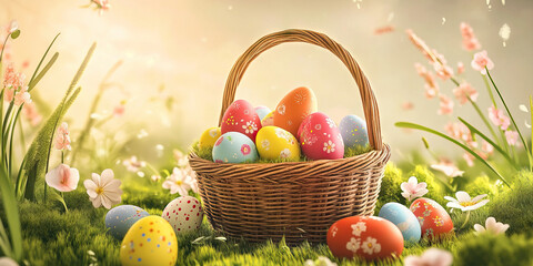 An Easter basket full of colorful eggs and pastel-colored treats, nestled amidst lush green grass and blooming flowers.