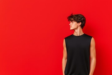 Wall Mural - Male model in a blank black tank top, standing against a bold red background, sharp studio lighting, tank top mock-up, fashion branding