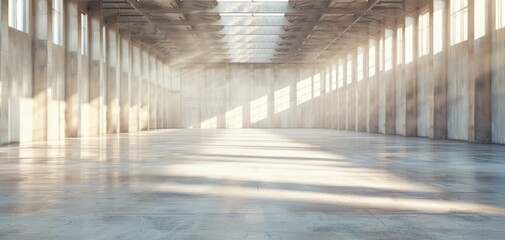 Aufkleber - Spacious industrial interior with natural light streaming through large windows, creating a serene atmosphere.