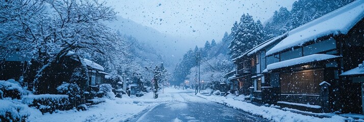 Wall Mural - A Japanese landscape covered in freshly fallen snow, 