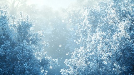 Sticker - Design a background showing a dense forest blanketed in snow, with intricate ice crystals on the tree branches