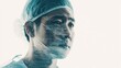 © Валерий Тодаренко - Double exposure image of an Asian male surgeon with a scalpel, operating room tools softly overlaid on a white background.