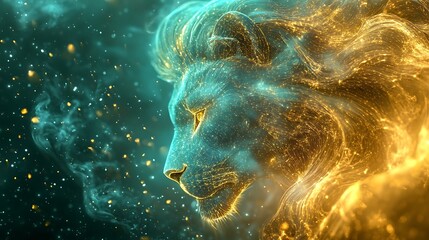 Wall Mural - A majestic lion's head, rendered in a swirling, abstract style with glowing blue and gold particles.