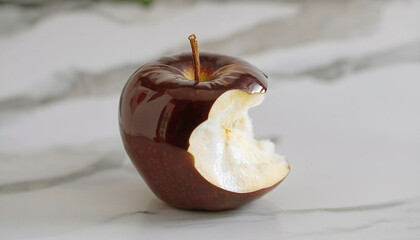 Bitten dark red shiny apple on white marble surface background, minimal and conceptual image symbolising temptation, healthy fruit with glossy skin, abstract or surreal food and still life