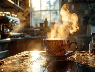 Freshly Brewed Coffee Cup on Wooden Table