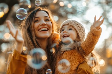 Happy mother and daughter having fun with soap bubbles, Generative AI