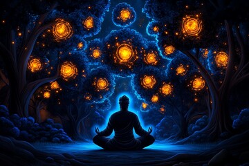 Poster - A magical stoic philosopher meditating in an enchanted forest, surrounded by glowing trees and ethereal light, embodying the pursuit of wisdom and inner peace in a mystical realm