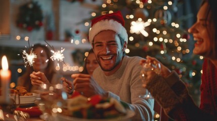 Wall Mural - A man wearing a Santa hat is smiling and holding a sparkler