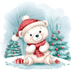 Wall Mural - Adorable Polar Bear in Festive Holiday Setting