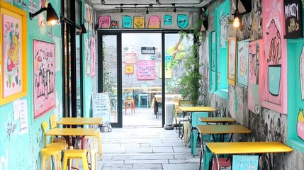 Canvas Print - Colorful Street Cafe with Vibrant Wall Art and Outdoor Seating