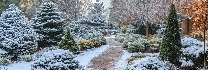 Wall Mural - garden filled with winter-hardy perennials and evergreen plants, dusted with snow, looking serene yet vibrant