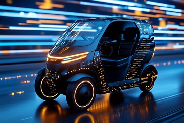 Poster - A modern, electric Tuk Tuk in a high-tech urban environment, with glowing lights and sleek design showing off its futuristic style on a clean, energy-efficient street.