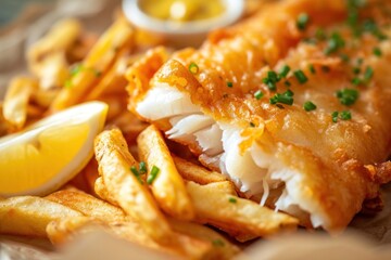 Canvas Print - Extreme close up of Fish and chips food fish condiment.