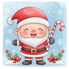 Sticker - Cute Santa Claus Holding Candy Cane in Winter Scene