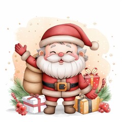 Wall Mural - Cute Santa Claus Waving with a Sack of Gifts