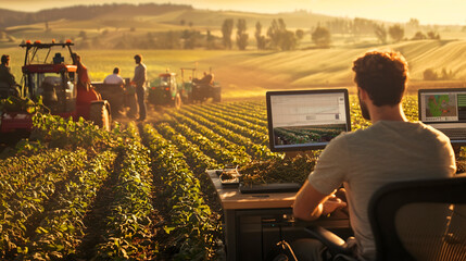 A outdoor office desk with man working remotely, contrasted with a field of farmers manually harvesting crops, showing the difference between digital and manual labor.
