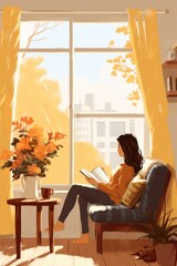 Wall Mural - Girl reading book window furniture sitting.