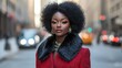 © Spot Decor - Black Woman in Red Coat with Fur Collar in City, Portrait Photography, Fashion, Cityscape, Model, ,