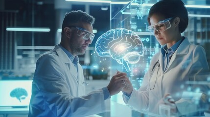 Aufkleber - A man and a woman are working on a computer screen with a brain image