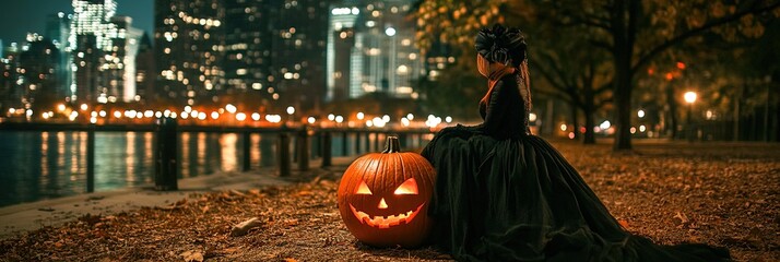 halloween in the city with jack o lantern pumpkin