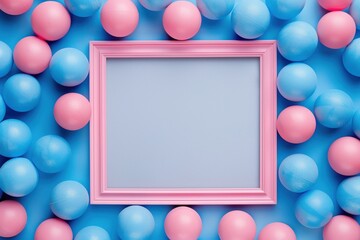 Poster - Blue balls background with pink frame and white screen for text, top view. The design is minimalistic and simple. It features an empty blank horizontal billboard in the center of composition