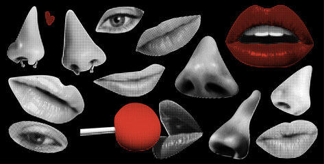 Wall Mural - punk y2k collage elements. eyes and lips and ear in halftone treatment. retro magazine clippings. mo