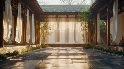 Surreal photography, in a modern light and shadow Chinese minimalist space, outdoor scene, minimalist Chinese courtyard with a long stage, flanked by flowing silk art installations, glowing bamboo lon